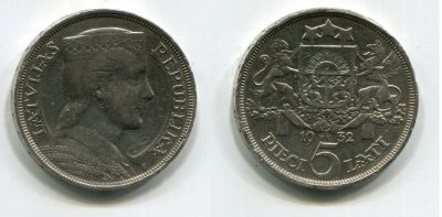Монета серебро 5 лат 1932 Латвия Милда Первая Республика