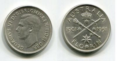 Монета серебряная 1 флорин 1951 года Австралия 50 лет федерации