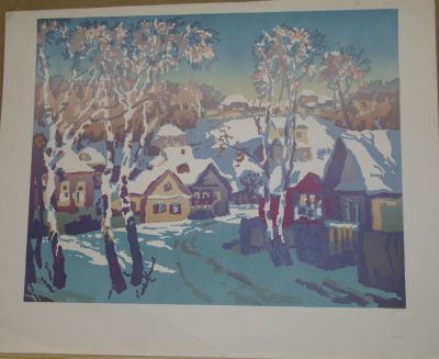 Линогравюра "Зима в русской деревне"