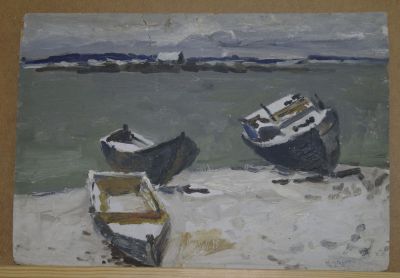 Картина маслом картон Азовское море. Рыбацкие лодки на берегу. Автор Куприянов М.В.