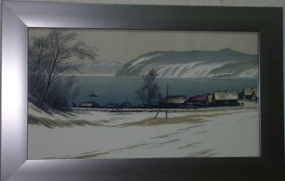 Цветная линогравюра "У истоков Ангары". Художник-график П.И. Баранов