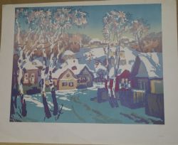Линогравюра "Зима в русской деревне"