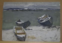Картина маслом картон Азовское море. Рыбацкие лодки на берегу. Автор Куприянов М.В.